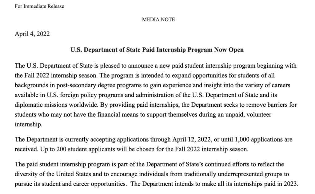 State Department announces paid internship application window Pay